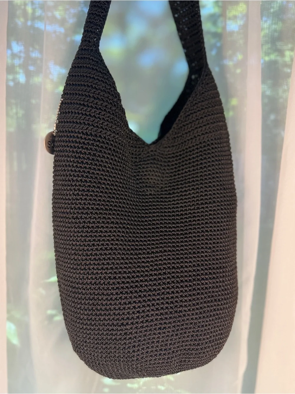 The Sak Black Woven Crochet Hobo Shoulder Crossbody Bag Slouchy Tote EUC